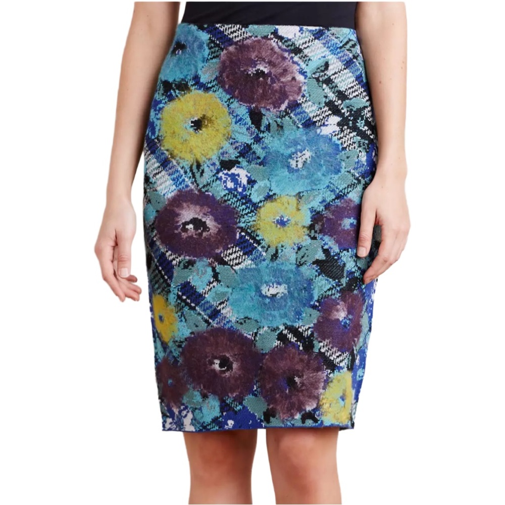 Anthropologie Blue Wool Knit Fuzzy Felted Flowers + Plaid Pencil Skirt XS NWOT